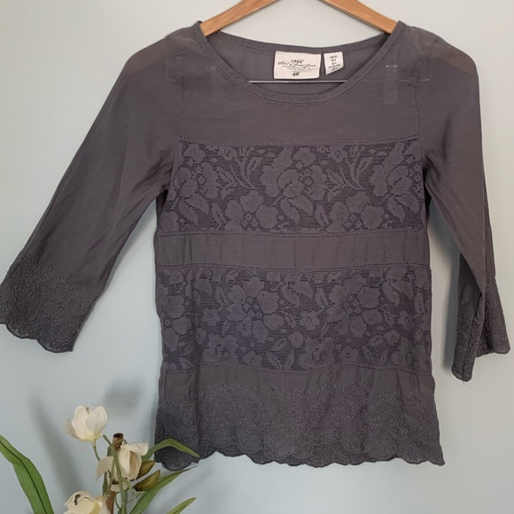 L.O.G.G. by H&M Mushroom Gray Cotton and Lace Top - Picture 1 of 11